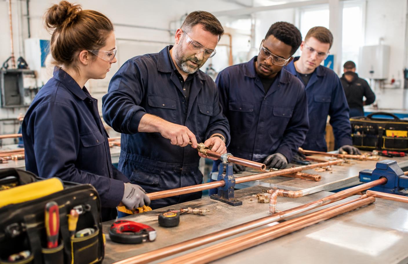 Learners practising copper pipework hands-on at the Birmingham plumbing training centre
