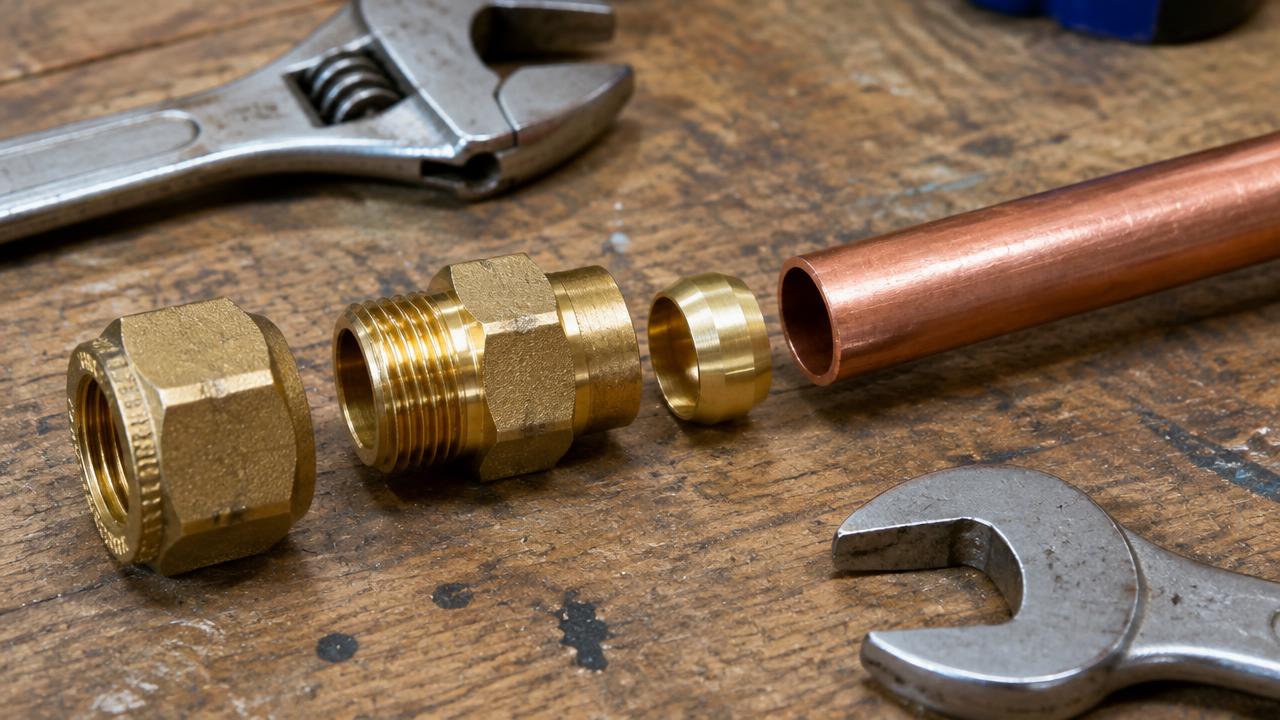 Close-up cutaway of a compression fitting showing the brass olive