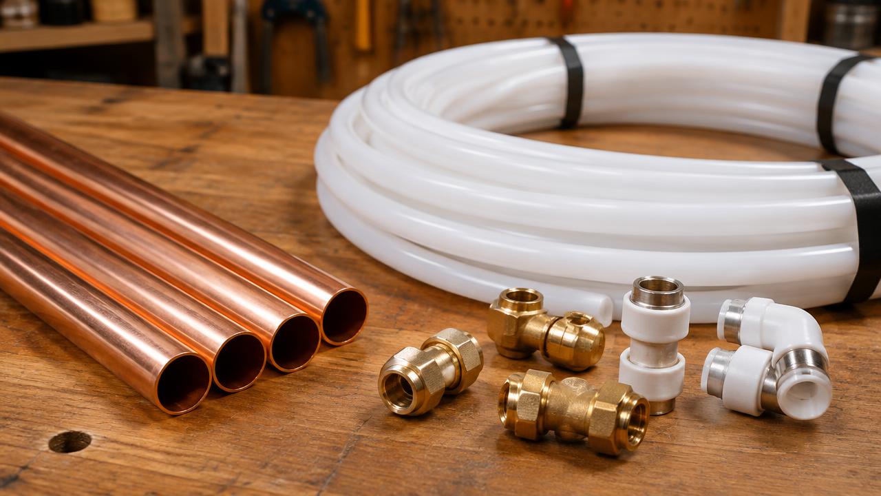 Copper pipe and plastic pipe with brass fittings
