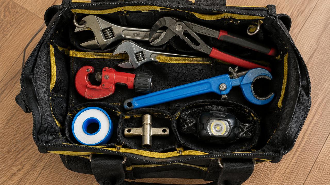 Plumbing tools laid out: spanners, grips, pipe cutter and tape