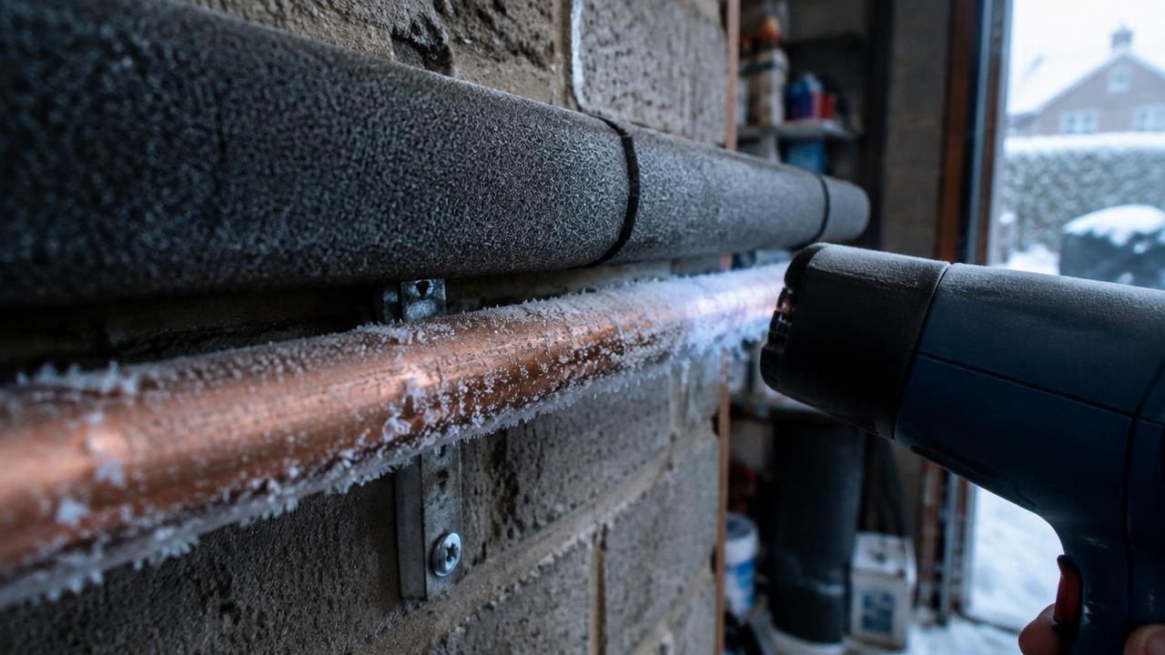 Outside garden tap on a brick wall in cold weather