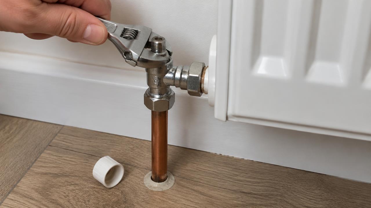 Lockshield and thermostatic radiator valves on a radiator
