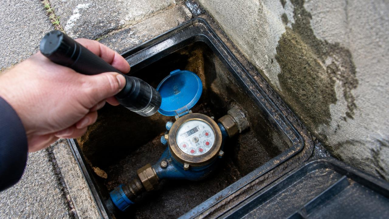 Plumber using a torch to look for a hidden leak behind pipes