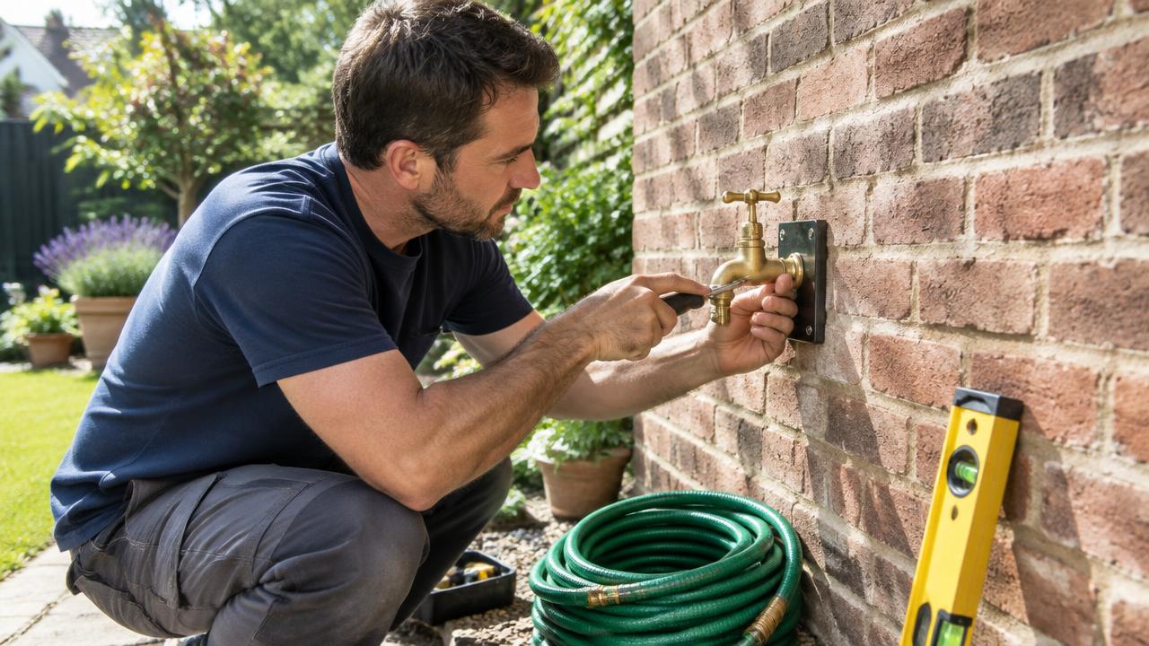 New outside garden tap fitted to a brick wall with a hose