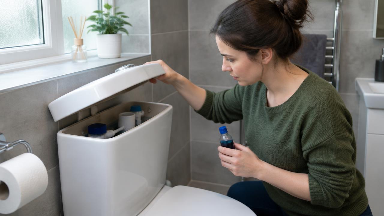 Inside of a toilet cistern showing the fill valve and flush valve