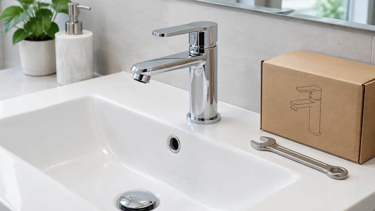 Plumber fitting a new mixer tap to a bathroom basin