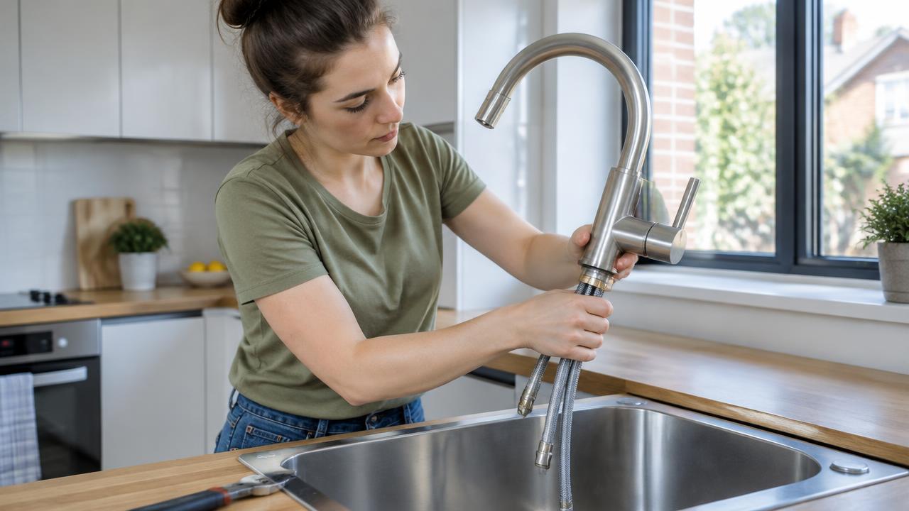 Modern kitchen mixer tap fitted on a stainless steel sink