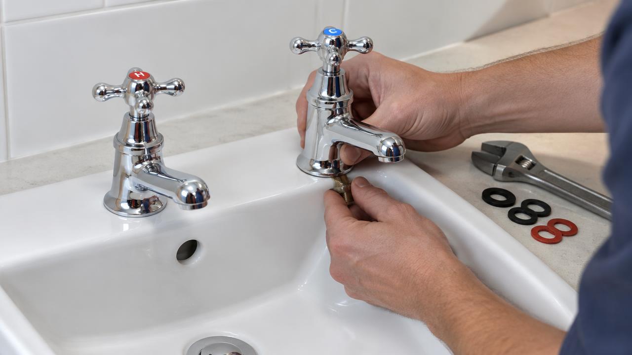 A pair of chrome pillar taps on a white basin