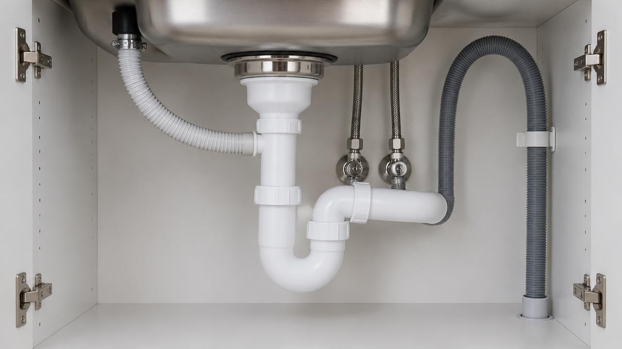 Kitchen sink with plumbing underneath