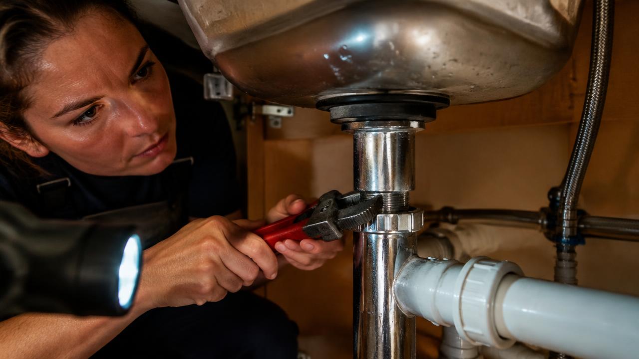 Torch shining on pipes under a kitchen sink to find a leak
