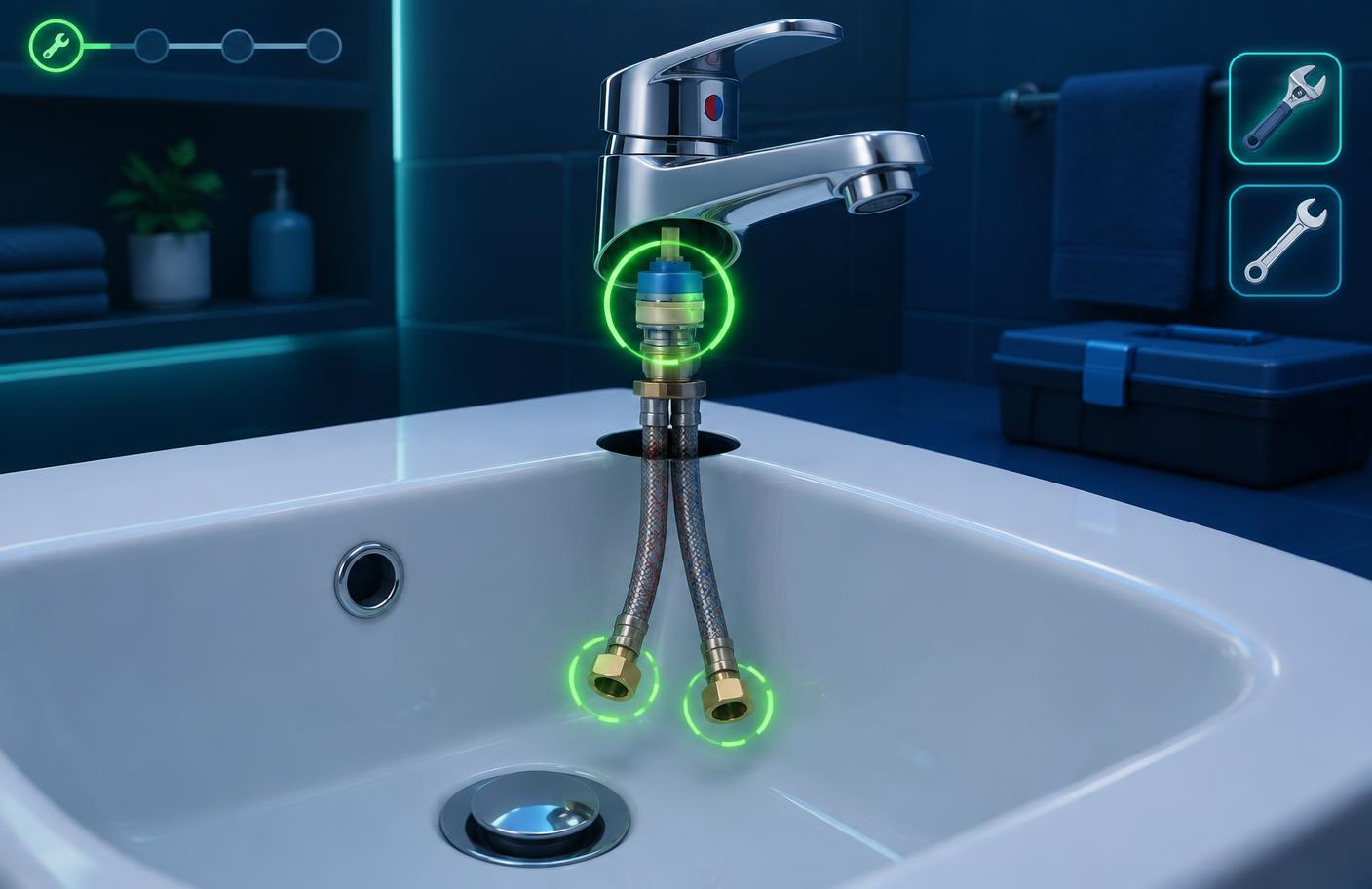 Screenshot from the 3D plumbing game showing a basin tap being replaced step by step