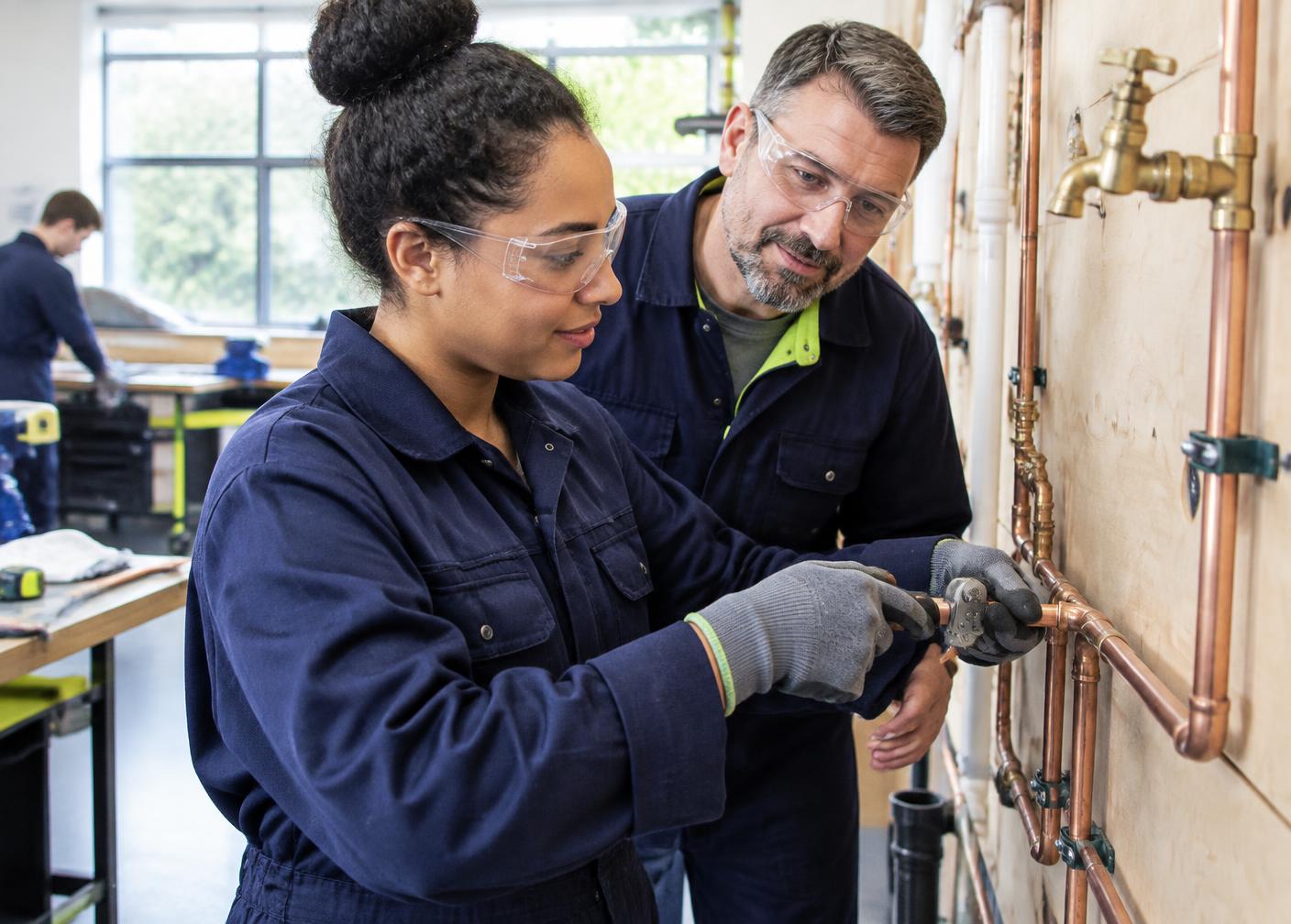 A plumbing student learning pipework with an experienced teacher