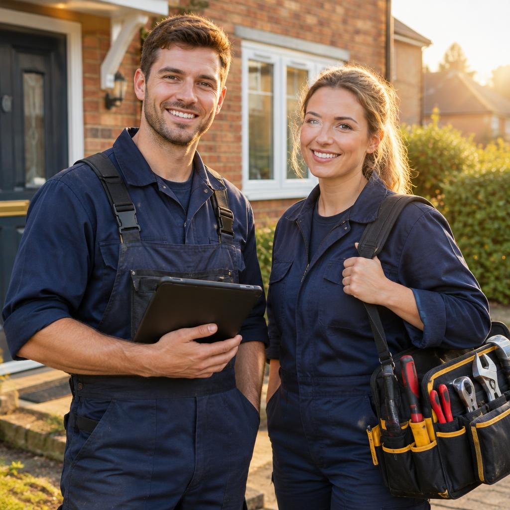 A man and a woman, both successful new plumbers, smiling outside a home