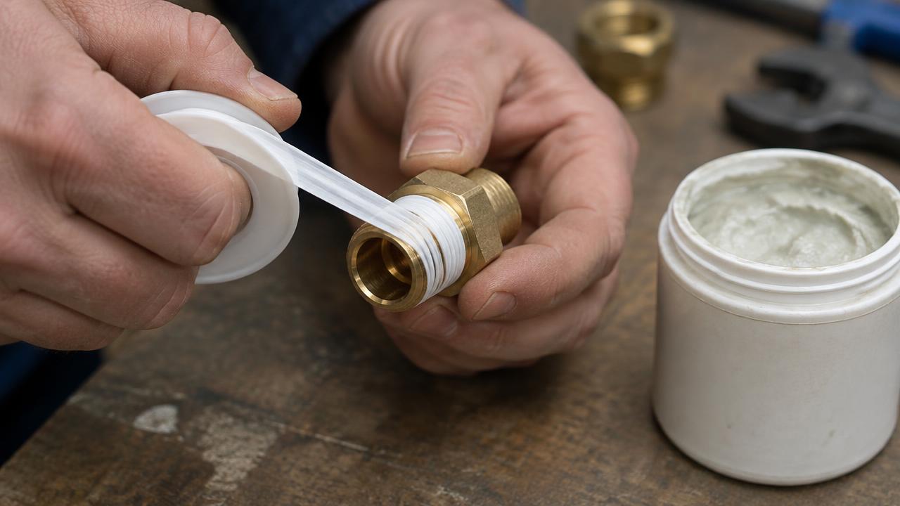 Brass plumbing fittings, copper pipe and a roll of PTFE tape