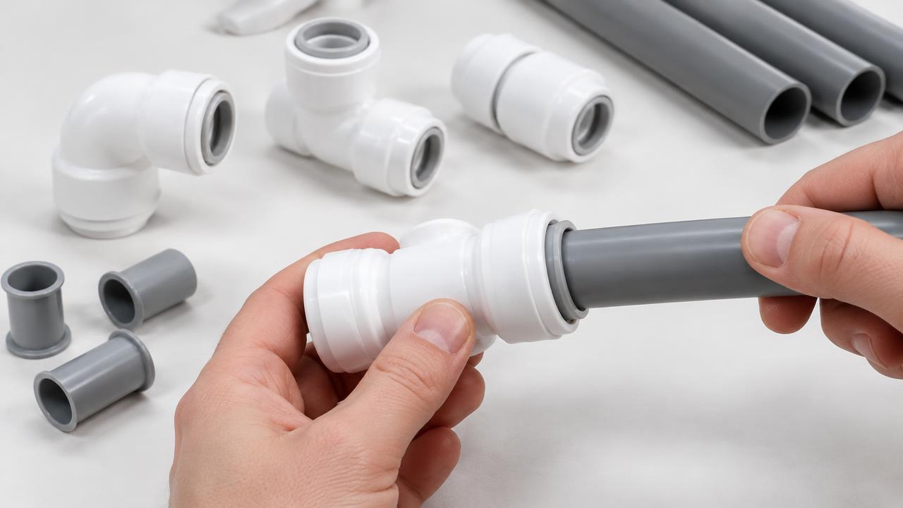 Cutaway of a push-fit fitting showing O-ring and grab ring