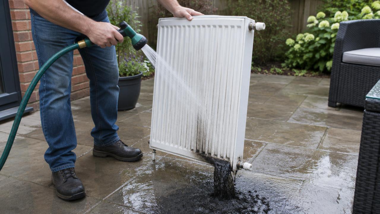 Radiator being removed from the wall for flushing