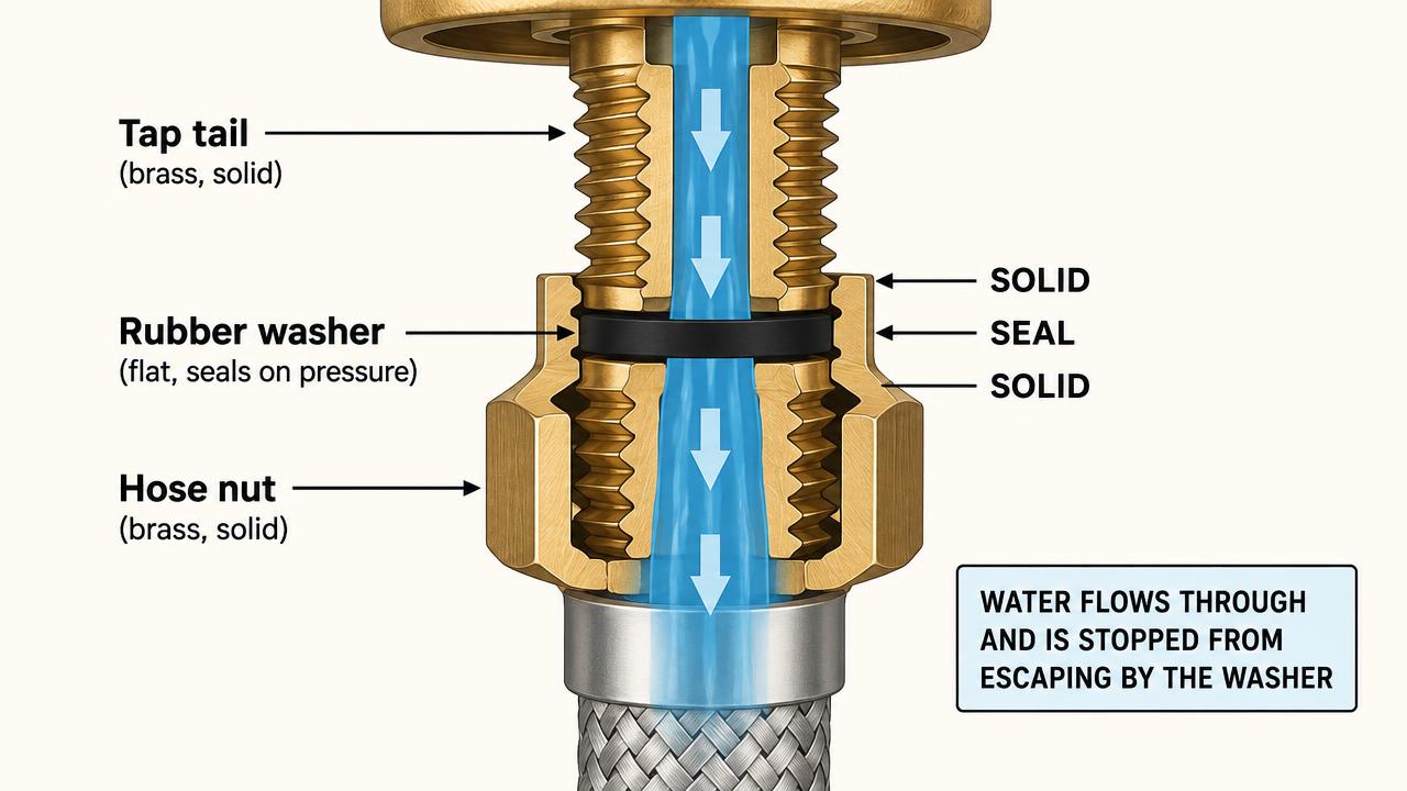 Close-up showing the rubber seal between a tap base and basin