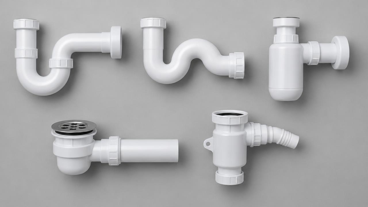 Different plastic sink traps laid out